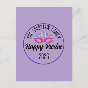 Purple Happy Purim Feather Mask Postcard