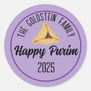 Purple Happy Purim Hamentashen Classic Round Stick Sticker