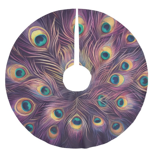 Purple Hard Pastels Drawing Peacock Feathers Brushed Polyester Tree Skirt (Front)