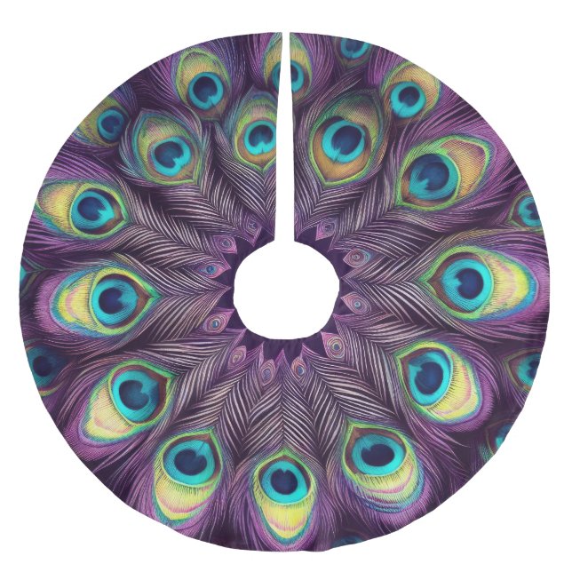 Purple Hard Pastels Drawing Peacock Feathers Brushed Polyester Tree Skirt (Front)