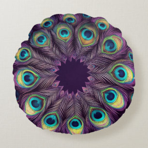 Purple Hard Pastels Drawing Peacock Feathers Round Pillow