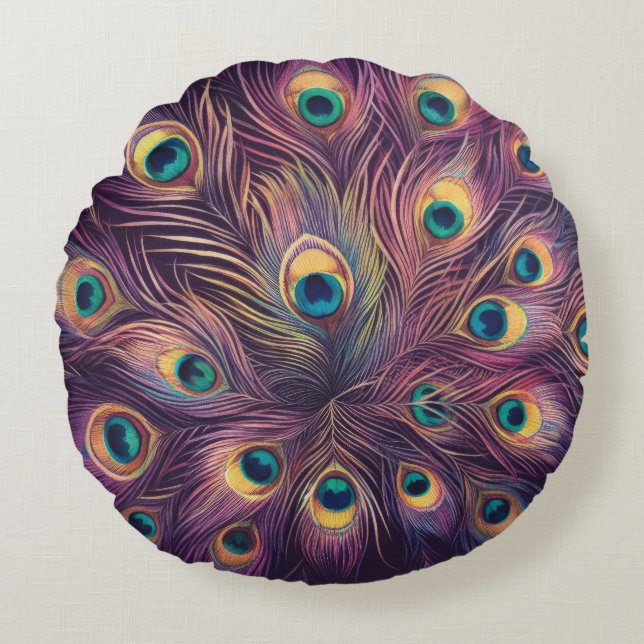Purple Hard Pastels Drawing Peacock Feathers Round Pillow (Front)