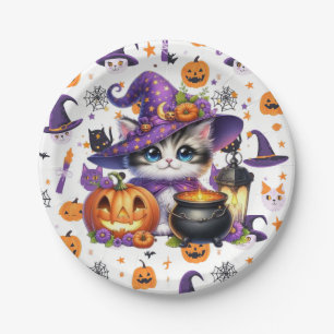 Purple Hat Cat For Halloween Paper Plate