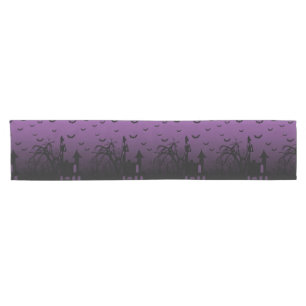 Purple Haunted Halloween House and Bats Short Table Runner