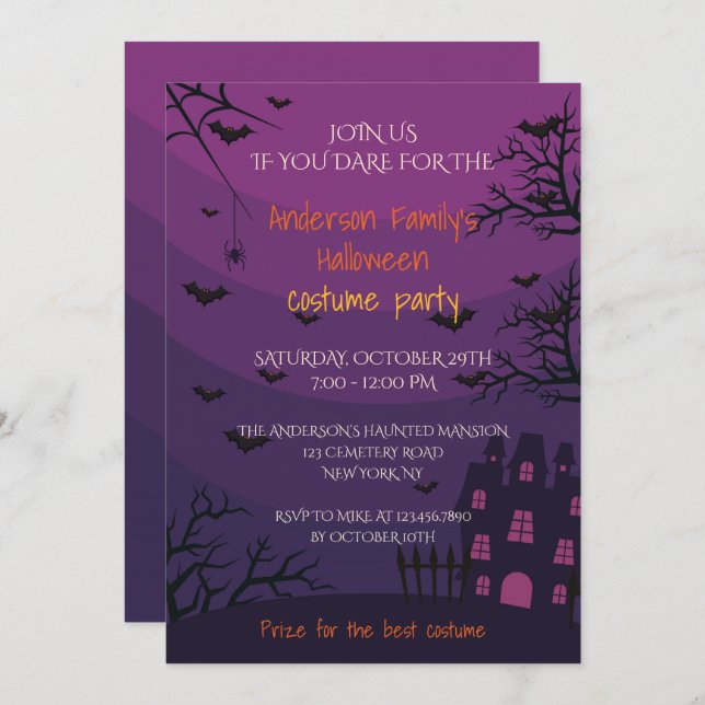 Purple Haunted House Halloween Costume Party Invitation (Front/Back)
