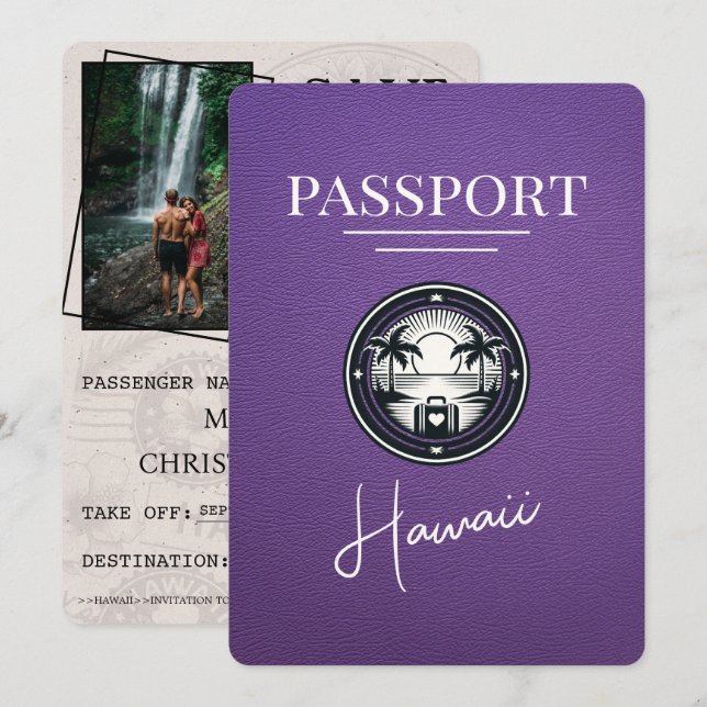 Purple Hawaii Passport Save The Date (Front/Back)