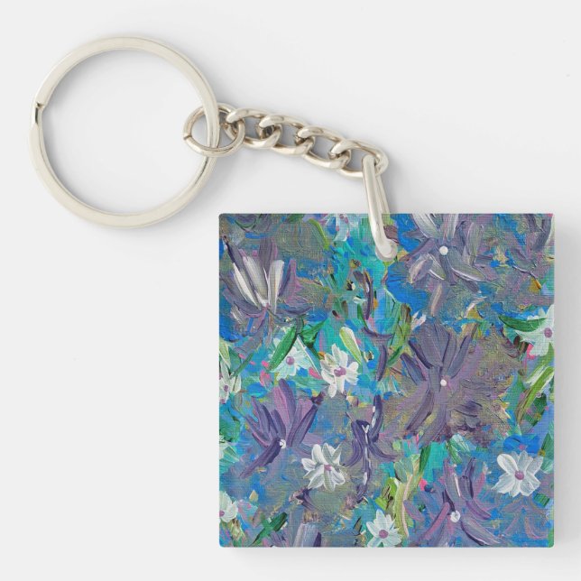 Purple Haze Floral Acrylic Square Keychain  (Front)