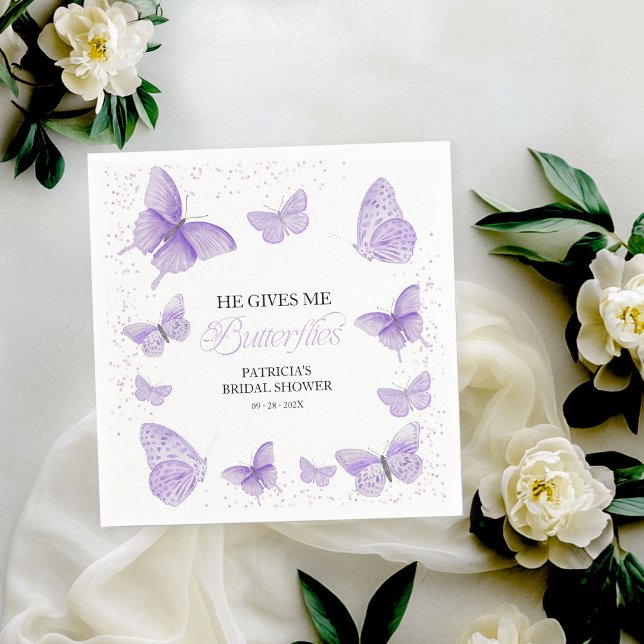 Purple He Gives Me Butterflies Bridal Shower  Napkin (Creator Uploaded)