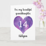 Purple Heart 14th Granddaughter Birthday Card<br><div class="desc">A personalized 14th birthday card for granddaughter that features a purple watercolor heart. You can personalize the watercolor heart with the age you need and add her name underneath the heart. The inside card message reads a heartfelt birthday message,  which also be easily personalized if wanted.</div>