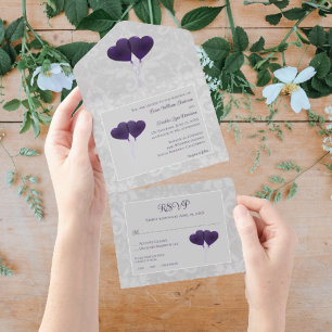 Purple Heart Balloons Wedding All In One Invitation