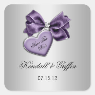 Purple Heart Bow Diamonds Silver Save The Date Square Sticker