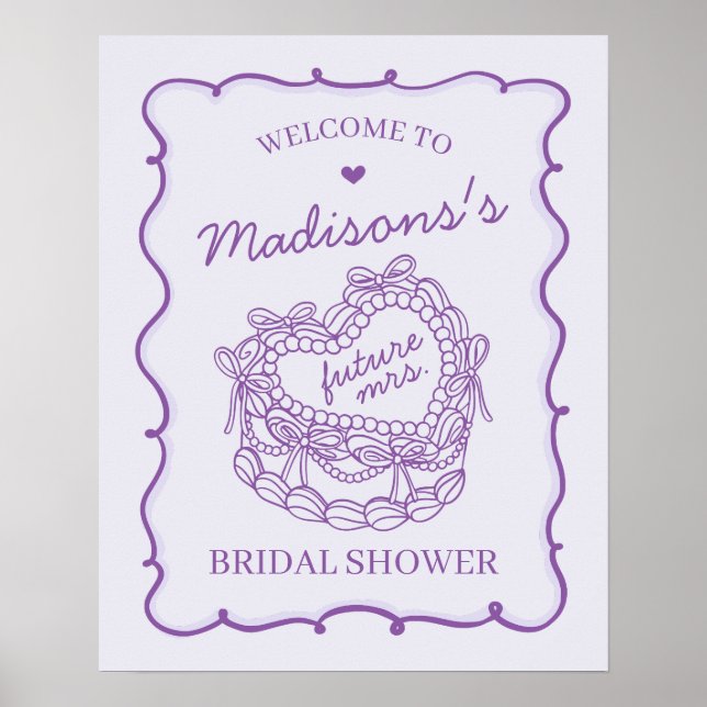 Purple Heart Coquette Cake Bridal Shower Welcome Poster (Front)