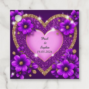 Purple Heart Frame with Glitter and Flowers Favour Tags