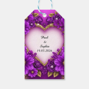 Purple Heart Frame with Glitter and Flowers Gift Tags