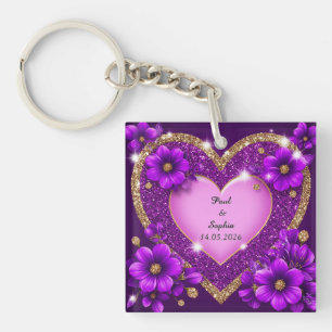 Purple Heart Frame with Glitter and Flowers Keychain