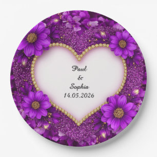 Purple Heart Frame with Glitter and Flowers Paper Plate