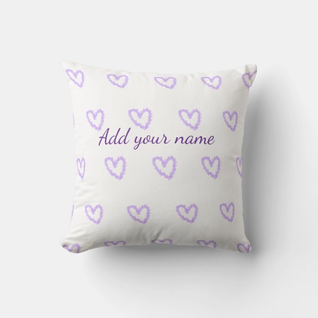 Purple heart glitter sparkle pattern add name text throw pillow (Front)
