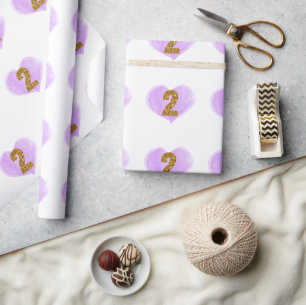 Purple Heart Gold Glitter 2nd Birthday Wrapping Paper