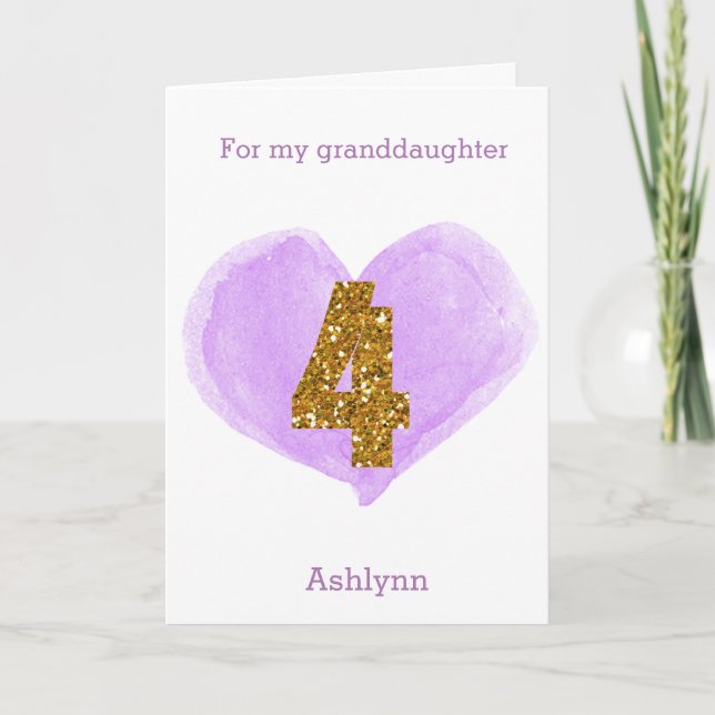 Purple Heart Gold Glitter 4th Birthday Card (Front)