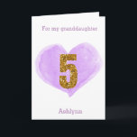 Purple Heart Gold Glitter 5th Birthday Card<br><div class="desc">A personalized 5th birthday card featuring a purple watercolor heart and a gold glitter five. You can personalize the front of this 5th birthday card with her name. Please note there is not actual glitter, but a glitter design effect. There is a sweet birthday message inside, which can also be...</div>
