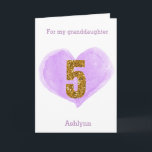 Purple Heart Gold Glitter 5th Birthday Card<br><div class="desc">A personalized 5th birthday card featuring a purple watercolor heart and a gold glitter five. You can personalize the front of this 5th birthday card with her name. Please note there is not actual glitter, but a glitter design effect. There is a sweet birthday message inside, which can also be...</div>