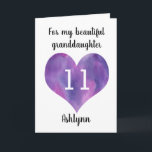Purple Heart Happy 11th Birthday Granddaughter Card<br><div class="desc">A personalized watercolor heart 11th birthday card for granddaughter that features a purple heart. You can personalize the heart with the age you need and add her name underneath the heart. The inside card message reads a heartfelt birthday message, which you can easily personalize if wanted. The back of this...</div>