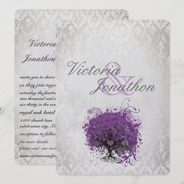 Purple Heart Leaf Tree Wedding Invitations (Front/Back)
