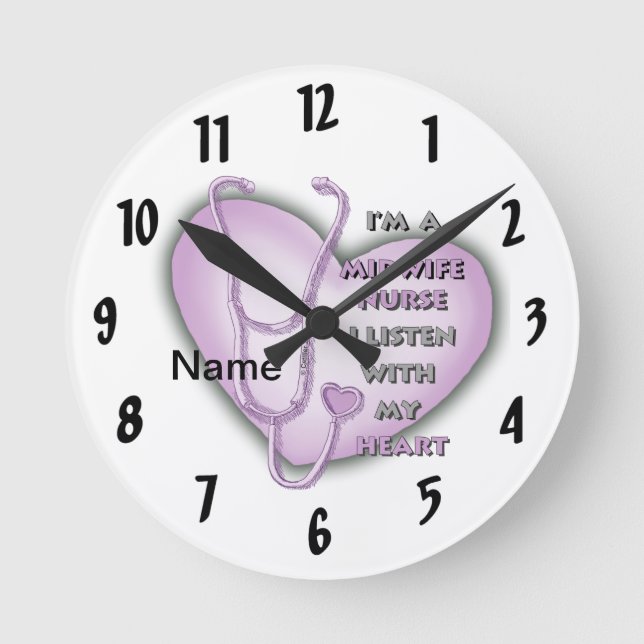 Purple Heart Midwife Nurse Round Clock (Front)