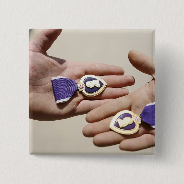 Purple Heart recipients display their medals 2 Inch Square Button (Front)