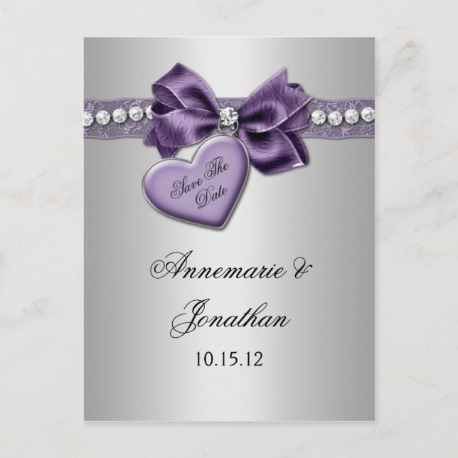 Purple Heart Ribbon Diamonds Silver Save The Date Announcement Postcard (Front)