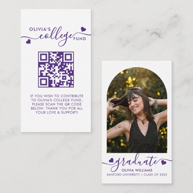 Purple Heart Script QR Code College Fund Photo Enclosure Card (Front/Back)