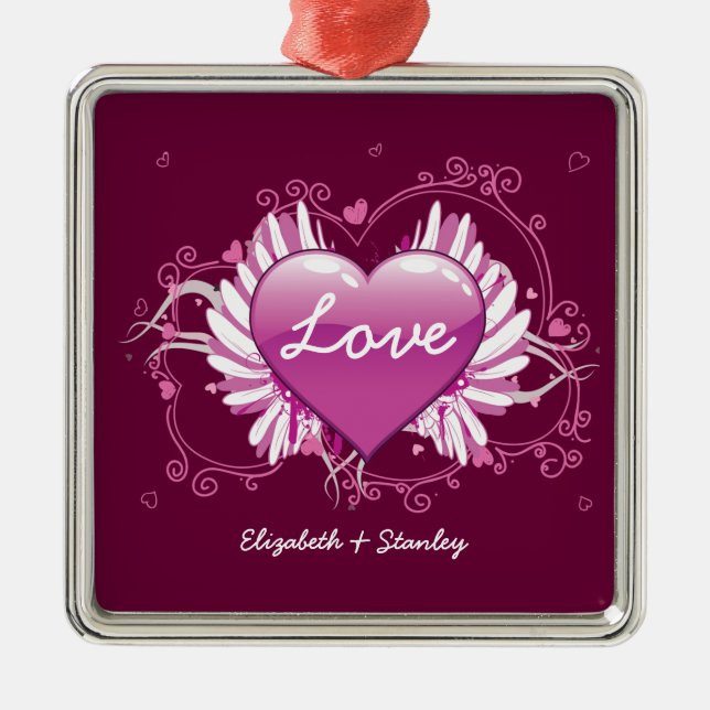 Purple heart wings swirls Love Valentine's Day Metal Ornament (Front)