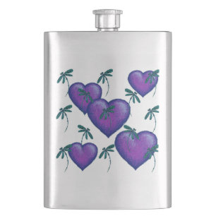 Purple Hearts and Dragonflies Hip Flask