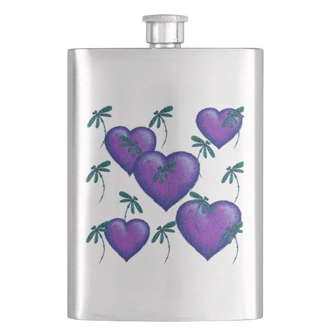 Purple Hearts and Dragonflies Hip Flask (Front)