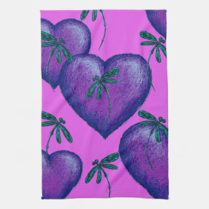 Purple Hearts and Dragonflies Kitchen Towel