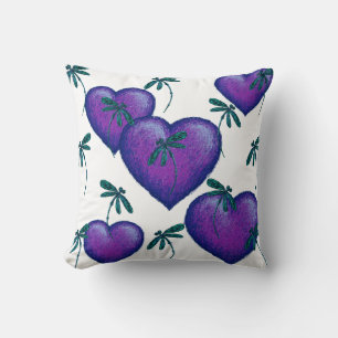 Purple Hearts and Dragonflies Throw Pillow