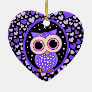 purple hearts and owl ceramic ornament