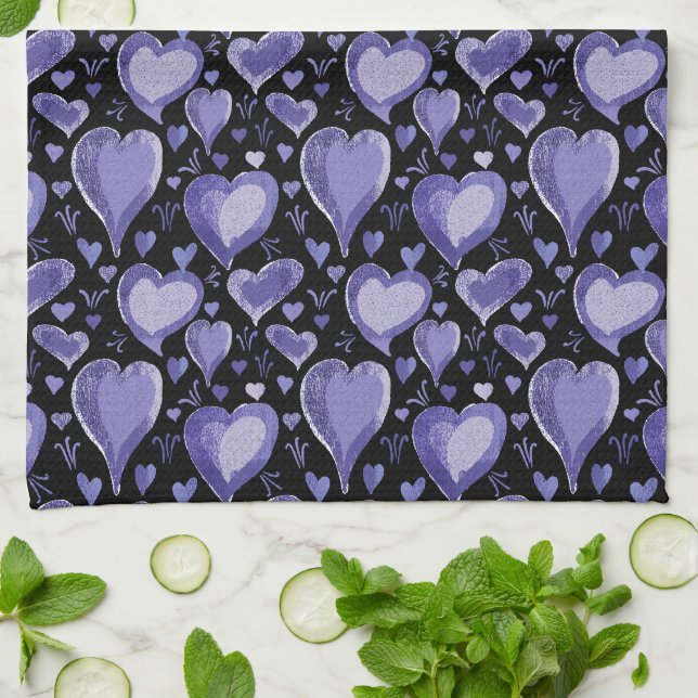 Purple Hearts Artistic Drawing Valentine`s Day Kitchen Towel (Folded)