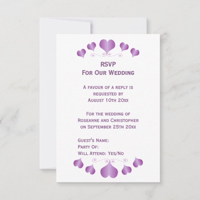 Purple Hearts Design Wedding RSVP Card (Front)