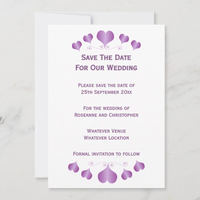 Purple Hearts Design Wedding Save The Date (Front)