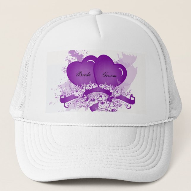 Purple Hearts & Flowers Personalized Bride's Hat (Front)