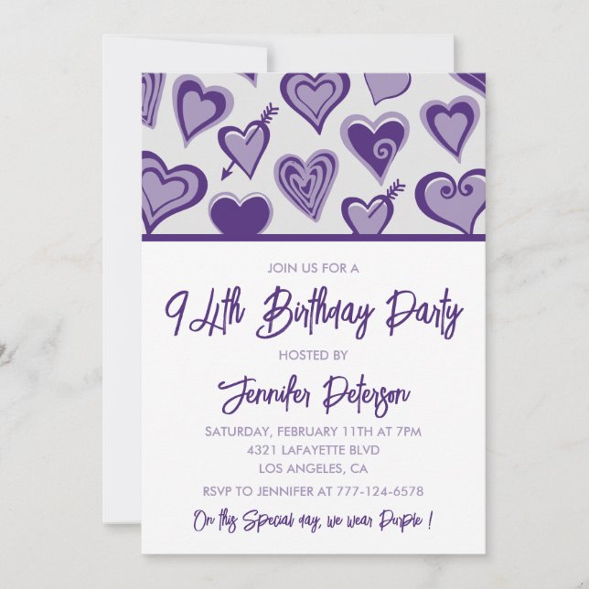 Purple Hearts Girly 94th birthday Invitation (Front)