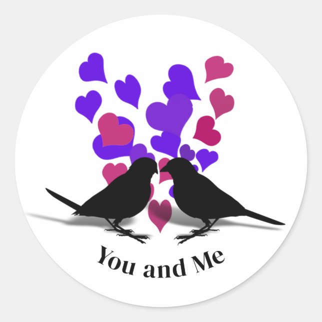 Purple Hearts Love Birds Valentine Classic Round Sticker (Front)
