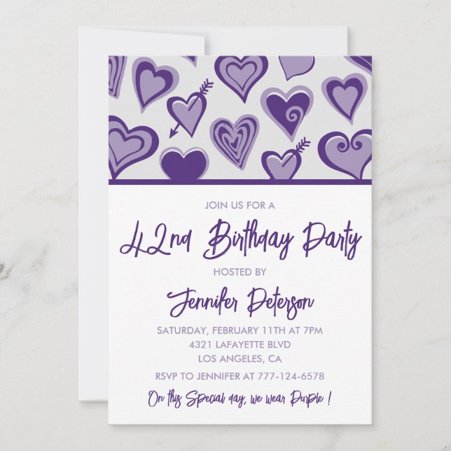 Purple Hearts  Night Out Girly 42nd birthday Invitation (Front)