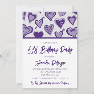 Purple Hearts  Night Out Girly 61st birthday Invitation