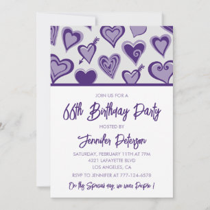 Purple Hearts Night Out Girly 66th birthday Invitation