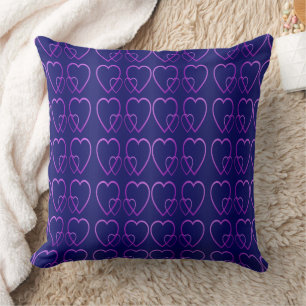Purple hearts on blue throw pillow