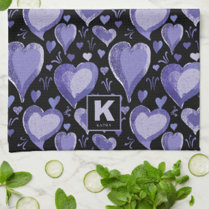 Purple Hearts Pattern Drawing Monogram Kitchen To Towel