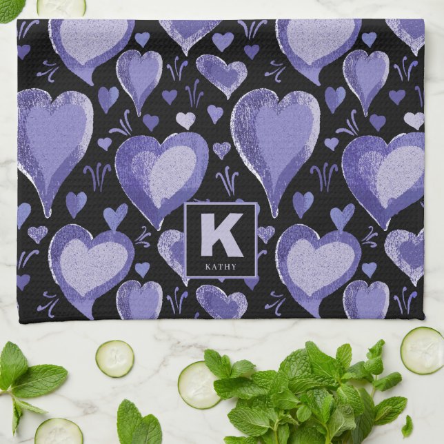 Purple Hearts Pattern Drawing Monogram  Kitchen To Towel (Folded)