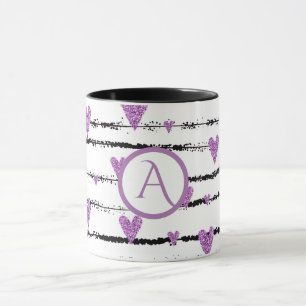 Purple hearts white black stripes monogram mug